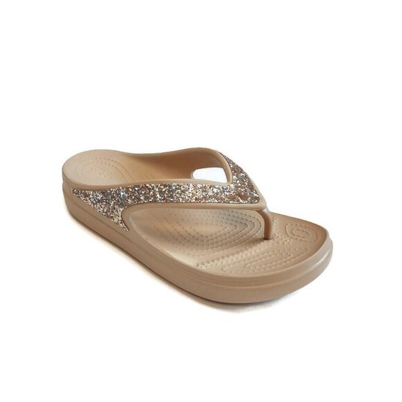 CROCS Sloane Glitter Wedge Flip Flops Womens Sz 9 Lightweight Sandals Chai Gold - Picture 1 of 9